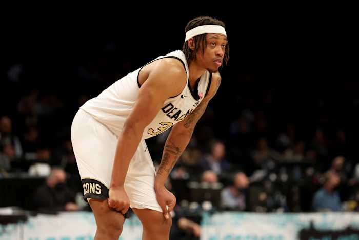 Wake Forest Demon Deacons guard Alondes Williams (31) reacts during overtime against the Boston College Eagles at Barclays Center. Boston College defeated Wake Forest 82-77.